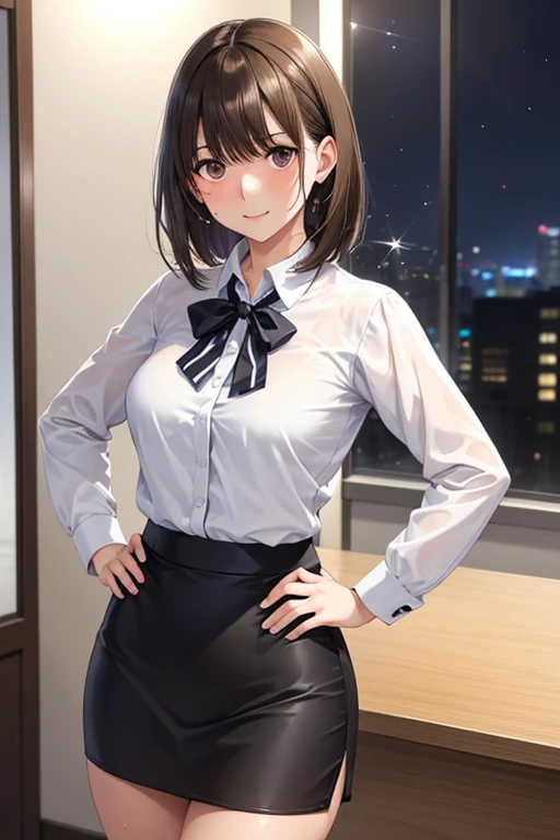 anegasaki nene、Shiny brown hair, short hair, (Beautiful brown eyes、Sparkling eyes, Fine grain)、smile、Super detailedな目、Highly detailed face, Highly detailed eyes,Cowboy Shot、



masterpiece、Highest quality、High resolution、High-quality imageasterpiece, Highest quality, Super detailed, 超High resolution, Highly detailed face, alone, ((RAW Photos)), 22 year old Japanese woman,
 (((office lady, White blouse))), (((Black pencil mini skirt))),  (((Mid-chest))), ((A little angry)), ((Sweat:1.2)), ((Hands on hips)), In the bedroom at night