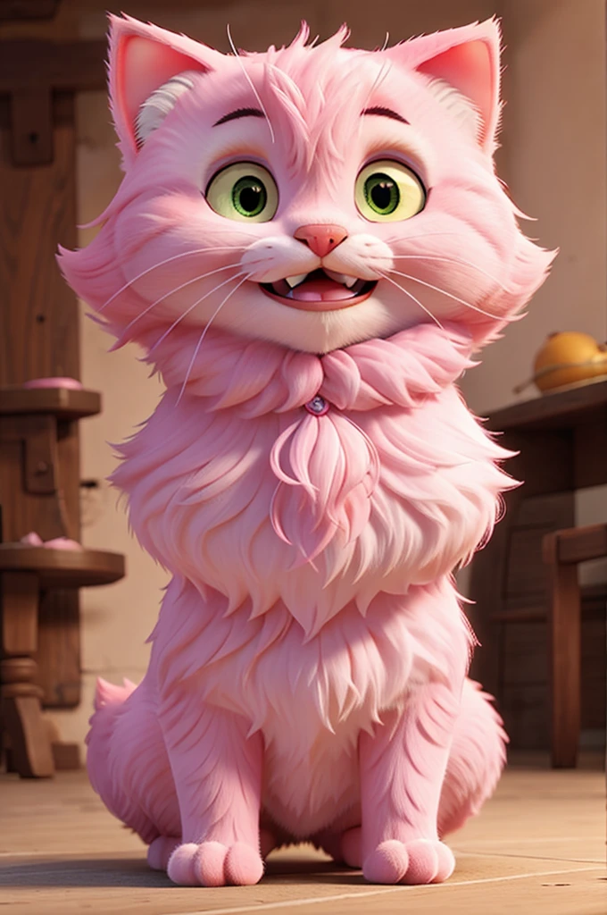 Pink fluffy cat with teeth