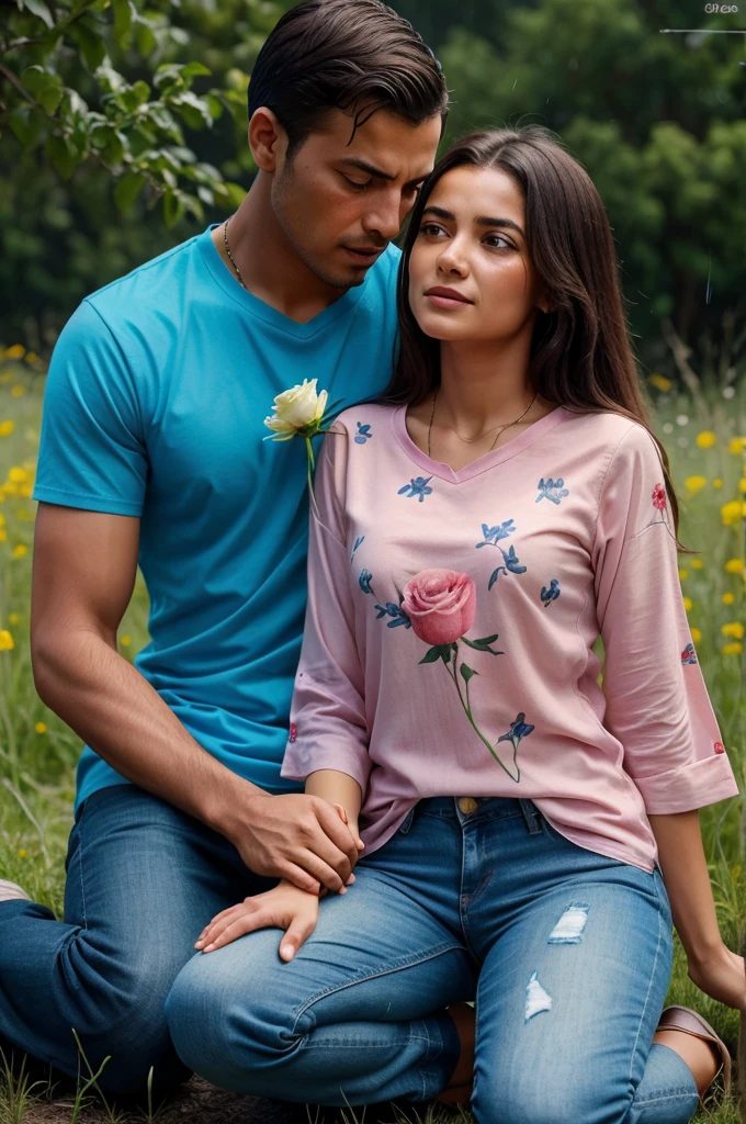 A woman is sitting at a small table in the rain. The woman is crying and the man is kneeling in her front lap holding a rose flower. The woman is wearing a blue printed kurta and red chunni, the man is wearing a light yellow shirt and jeans. The background is a blurred image of a meadow. The man's name is written in the sky on his shirt The man's head is in the girl's lap and the man is crying a lot The image is painted in a realistic style.