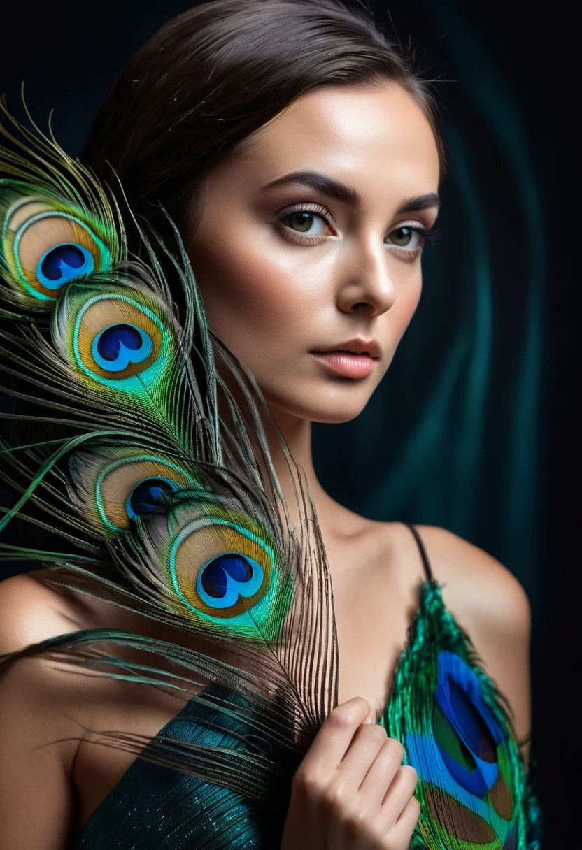 ultra clear raw photo of woman with a peacock feather, close up, dark background