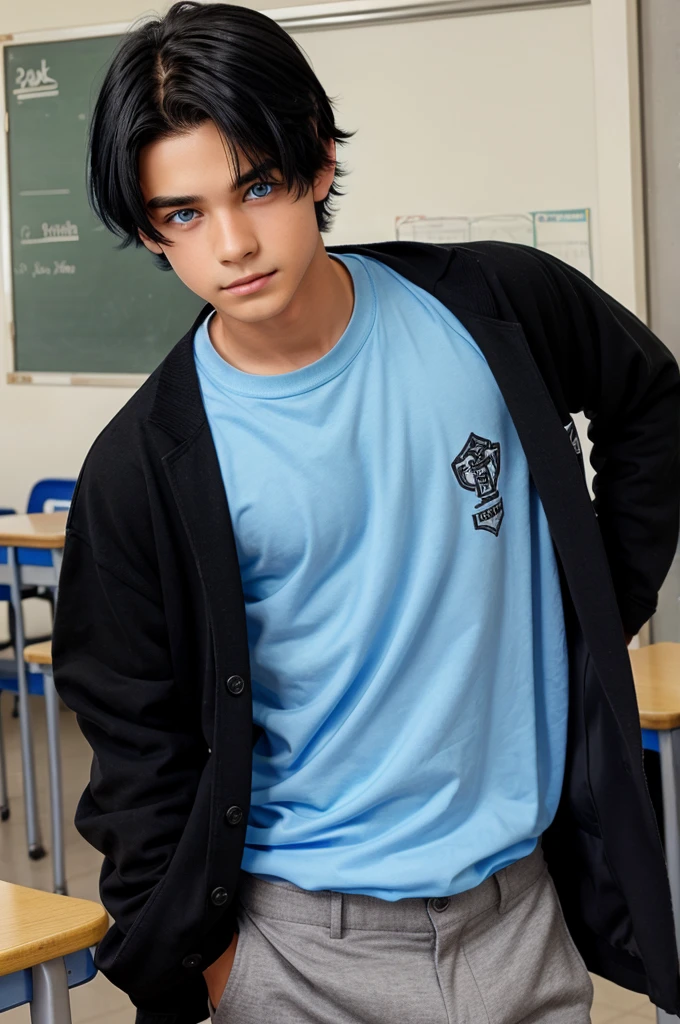 A boy with black hair and clothes, blue eyes in the school