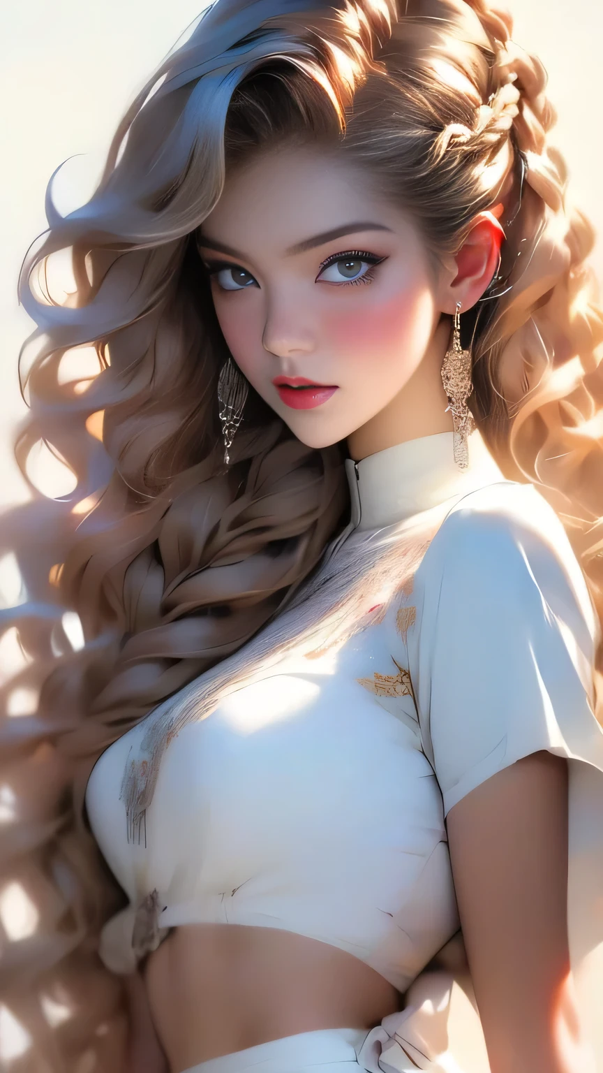 (Surreal), (picture), (High resolution), (In 8K), (Very detailed), (Best Illustration Photos), (Beautiful and fine details), (Highest quality), (Ultra-detailed), (masterpiece), (wallpaper), (Detailed face), solo, One Girl, White Wavy Hair, Korean Beauty, iridescent heterochromatic eyes, Loose light white shirt, White maid outfit, Long legs, Toned Abs, stockings、((Curly hair in braids、good1))、(Upper body portrait)
