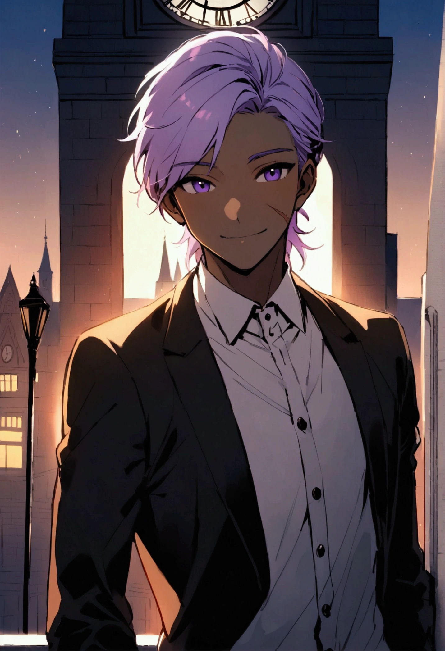 Beautiful youth,One Man,27 years old,Brown Skin,Light purple hair,Purple eyes,Upper Body,Simple hairstyles,masculine body,smile,Standing on top of the clock tower,Light shines in,Backlight,A cityscape can be seen in the background,Scar on cheek