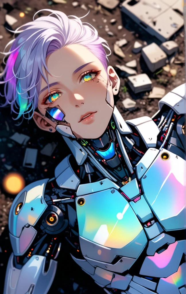 1male, a broken ruined cyborg man in a landfill, robot, beautiful face, body is broken with scars and holes, laying on the ground, 8K, (dynamic perspective), sharp focus, (depth of field, bokeh:1.3), extremely detailed eyes and face, beautiful detailed eyes, hyperpunk scene, cinematic lighting, reflective transparent iridescent opaque jacket, long transparent iridescent RGB hair, ((masterpiece, best quality)), from above, upper body, navel