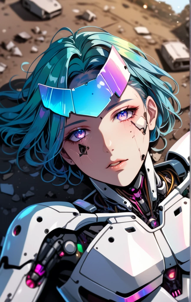 1male, a broken ruined cyborg man in a landfill, robot, beautiful face, body is broken with scars and holes, laying on the ground, 8K, (dynamic perspective), sharp focus, (depth of field, bokeh:1.3), extremely detailed eyes and face, beautiful detailed eyes, hyperpunk scene, cinematic lighting, reflective transparent iridescent opaque jacket, long transparent iridescent RGB hair, ((masterpiece, best quality)), from above, upper body, navel