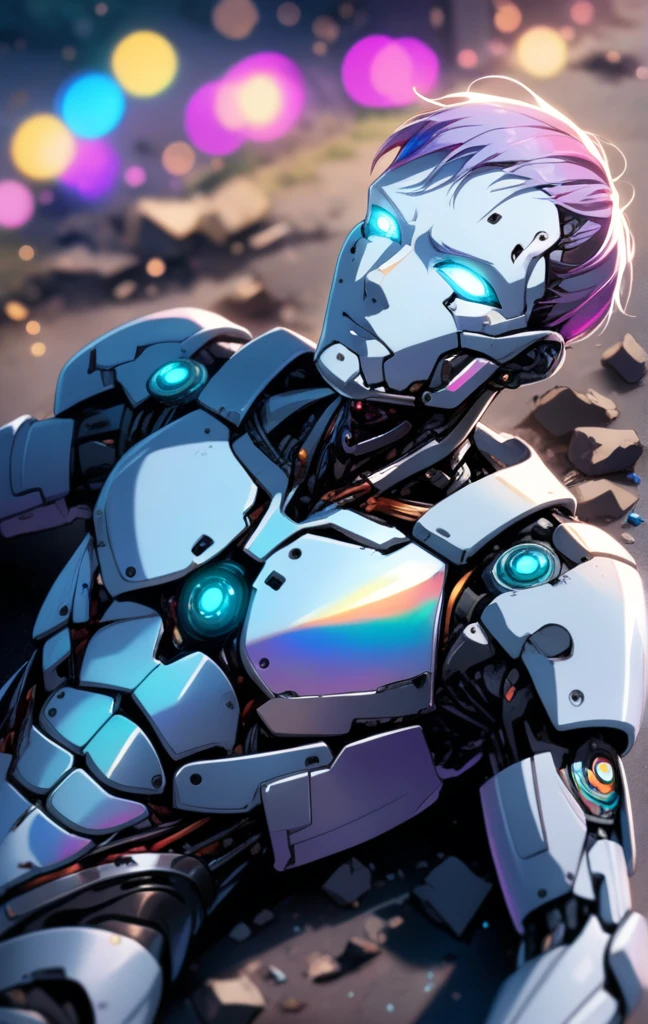 1male, a broken ruined cyborg man in a landfill, robot, beautiful face, body is broken with scars and holes, laying on the ground, 8K, (dynamic perspective), sharp focus, (depth of field, bokeh:1.3), extremely detailed eyes and face, beautiful detailed eyes, hyperpunk scene, cinematic lighting, reflective transparent iridescent opaque jacket, long transparent iridescent RGB hair, ((masterpiece, best quality)), from above, upper body, navel