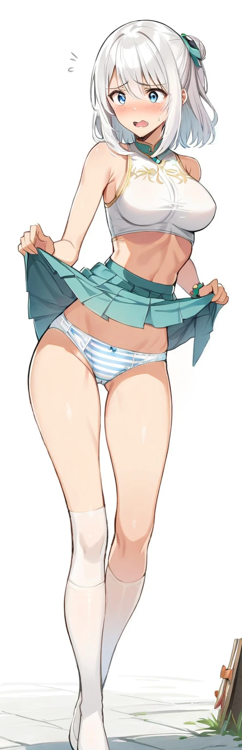 (White background:1.2),1girl,BREAK,blue eyes, cute, Narrow waist, Toned Up, Large Breasts, Bare shoulders, Short dress, blush,Scared,distress,Open your mouth,(Her skirt is lifted up and her panties are visible,Blue and white striped panties:1.3)