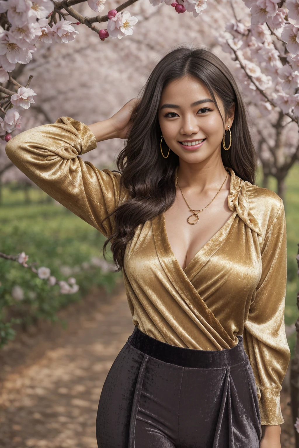 Half-length glamour portrait, nikon D850, f1.6 lens, 200mm, DSLR, 22 Megapixels, (((Blossoming orchard scene))), shot of a stunning 19 years old korean girl, (smile:1.4), (wearing Yellow asymmetrical sequin evening gown with voluminous sleeves:1.6), ((seductive pose)), hot girl, (((big natural breasts))), (((black fringe hair))), (small girl), symmetrical face, photorealistic, photography, (bright natural lighting), gorgeous, deep cleavage, (masterpiece), best quality, high resolution, extremely detailed, cinematic lighting, (((very narrow waist))), rich colors, hyper realistic, lifelike texture, ((jewelry)), (((She has beautiful hands and wears rings))), (bracelet), (necklace), (ankle chain), (nail polish) (earrings), Fuji Superia 200, 8k
