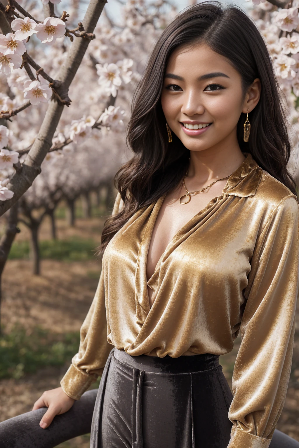 Half-length glamour portrait, nikon D850, f1.6 lens, 200mm, DSLR, 22 Megapixels, (((Blossoming orchard scene))), shot of a stunning 19 years old korean girl, (smile:1.4), (wearing golden brown silk blouse with medium gray velvet pants:1.6), ((seductive pose)), hot girl, (((big natural breasts))), (((black fringe hair))), ( girl), symmetrical face, photorealistic, photography, (bright natural lighting), gorgeous, deep cleavage, (masterpiece), best quality, high resolution, extremely detailed, cinematic lighting, (((very narrow waist))), rich colors, hyper realistic, lifelike texture, ((jewelry)), (((She has beautiful hands and wears rings))), (bracelet), (necklace), (ankle chain), (nail polish) (earrings), Fuji Superia 200, 8k
