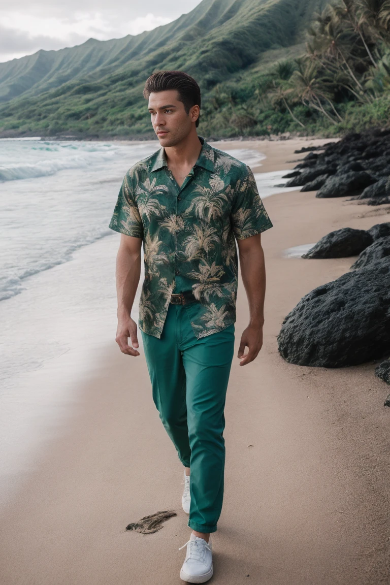 8k uhd, dslr, high quality , RAW photo, Realistic Photography , Full Body, Fujifilm XT3, Canon R5, Handsome Men , beach , Hawaiian shirt and loose green pants