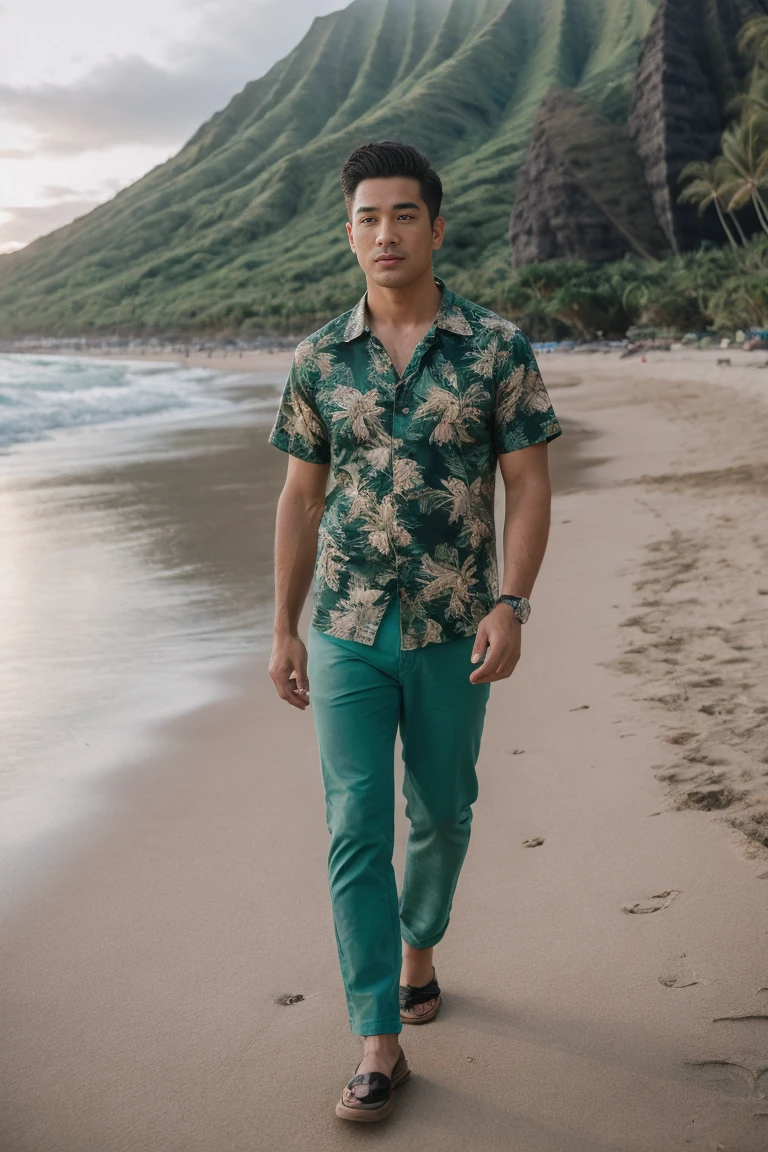 8k uhd, dslr, high quality , RAW photo, Realistic Photography , Full Body, Fujifilm XT3, Canon R5, Handsome Men , beach , Hawaiian shirt and loose green pants