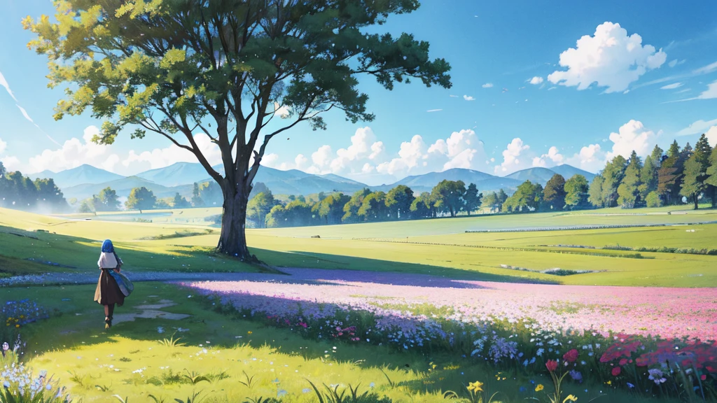Refreshing grasslands, plateaus, trees swaying in the wind, refreshing blue skies, background only, flying dragons, beautiful flowers here and there, Nostalgic