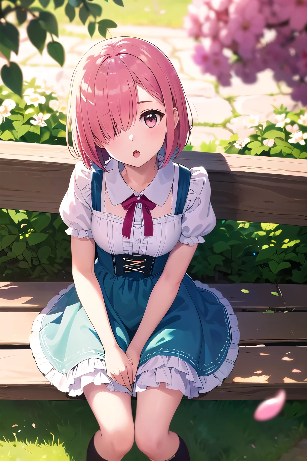 ((solo:1.2)),cute girl sitting on bench in garden,frilled dirndl,from above,looking up,cobblestone pavement,pink hair,fine bob cut,(hair over one eye),(dappled sunlight:1.2),blurry,(depth of field:1.1),head tilt,:o,(petals),tree,butterfly