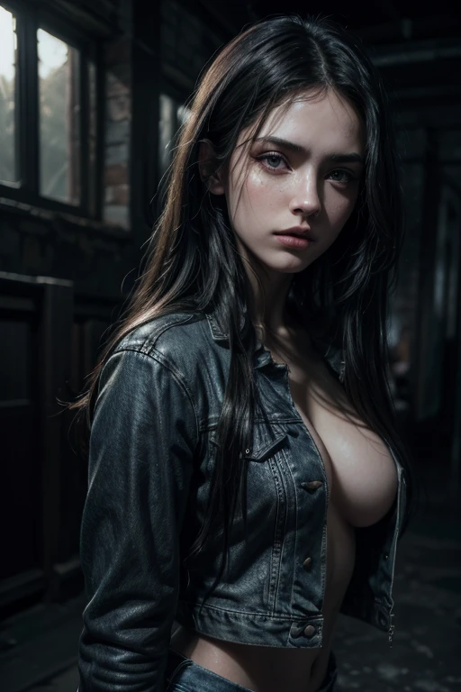 a sexy gothic russian girl,1girl,long black hair,slim,small breasts,wearing a jeans jacket,medium ass,detailed face,beautiful detailed eyes,beautiful detailed lips,extremely detailed facial features,photorealistic,hyper detailed,dramatic lighting,cinematic,dark moody atmosphere,dramatic chiaroscuro,dramatic shadows,dramatic highlights,(best quality,4k,8k,highres,masterpiece:1.2),ultra-detailed,(realistic,photorealistic,photo-realistic:1.37),dramatic colors,moody colors,dark colors