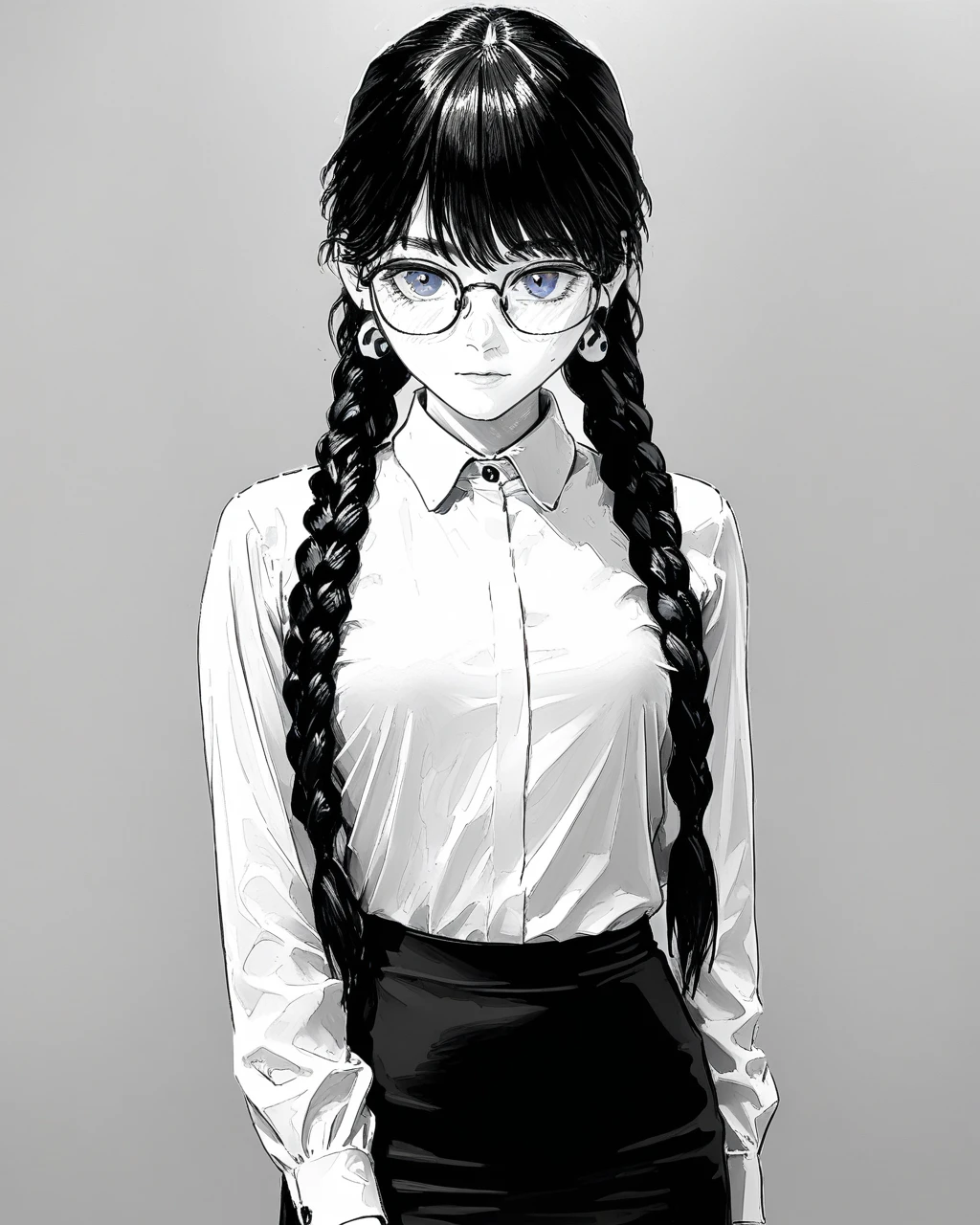 masterpiece,best quality,4K,8K,teenage,monochrome, hatching shading, sp1t, \(medium\),fkey70,
1girl,solo,arm behind back,arms at sides,looking at viewer,
standing,dark hair,
braids,earrings,blue eyes,glasses,
collared shirt,long sleeves,black skirt,
simple background,
upper body,