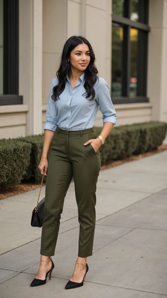 black hair, olive green business pants, heels, show heels, pretty face