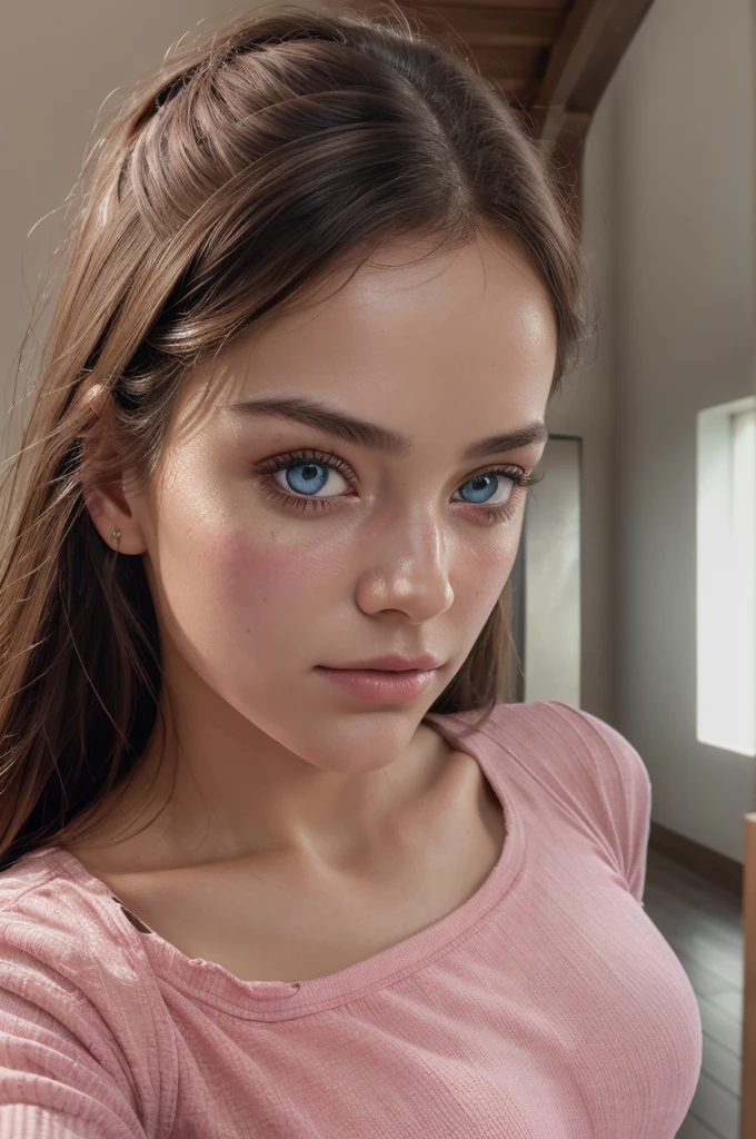 8k, best quality, masterpiece, ultra high resolution, (realism: 1.4), original photo, (Realistic skin texture: 1.3), (film grain: 1.3), (Selfie angle), 1 girl, pink clothes, Sapphire eyes and beautiful facial details, masterpiece, best quality, close up, The highest quality pull-ups for the upper body