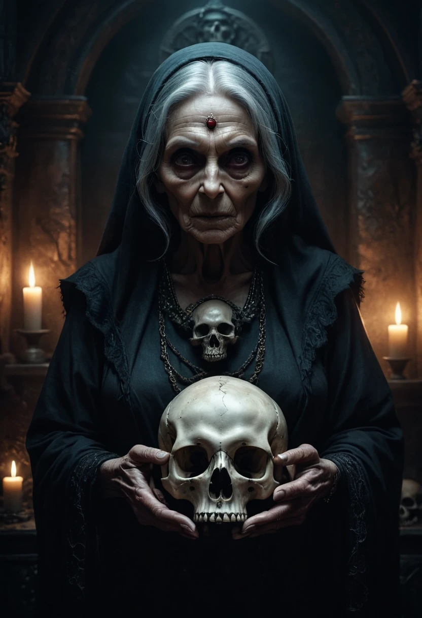 MidMiddle aged woman doing black magic, gloomy weather, candles, skulls, scary scene