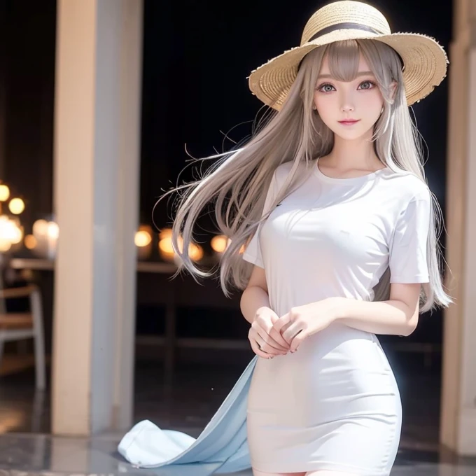 silver shiny hair、Super long straight silky hair、Dazzling blonde super long silky hair、 cute little beautiful face、A beautiful girl、Sparkling blonde dancing in front of a pretty face、Long, silky bangs that cover the space between the eyes、Very beautiful, bright, large, light blue eyes、Very big eyes、Hair that hides the face、Sexy pretty young woman with super long bangs、Very white skin、Cheek gloss highlighter、Small Face Beauty、Round face、Cute Shirts、Ample Bust, embarrassed face、Skinny jeans and t-shirt、Smiling Face、One piece dress and straw hat