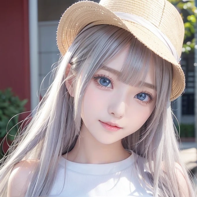 silver shiny hair、Super long straight silky hair、Dazzling blonde super long silky hair、16 years old cute little beautiful face、A beautiful girl、Sparkling blonde dancing in front of a pretty face、Long, silky bangs that cover the space between the eyes、Very beautiful, bright, large, light blue eyes、Very big eyes、Hair that hides the face、Sexy pretty young woman with super long bangs、Very white skin、Cheek gloss highlighter、Small Face Beauty、Round face、Cute Shirts、Ample Bust, embarrassed face、Skinny jeans and t-shirt、Smiling Face、One piece dress and straw hat