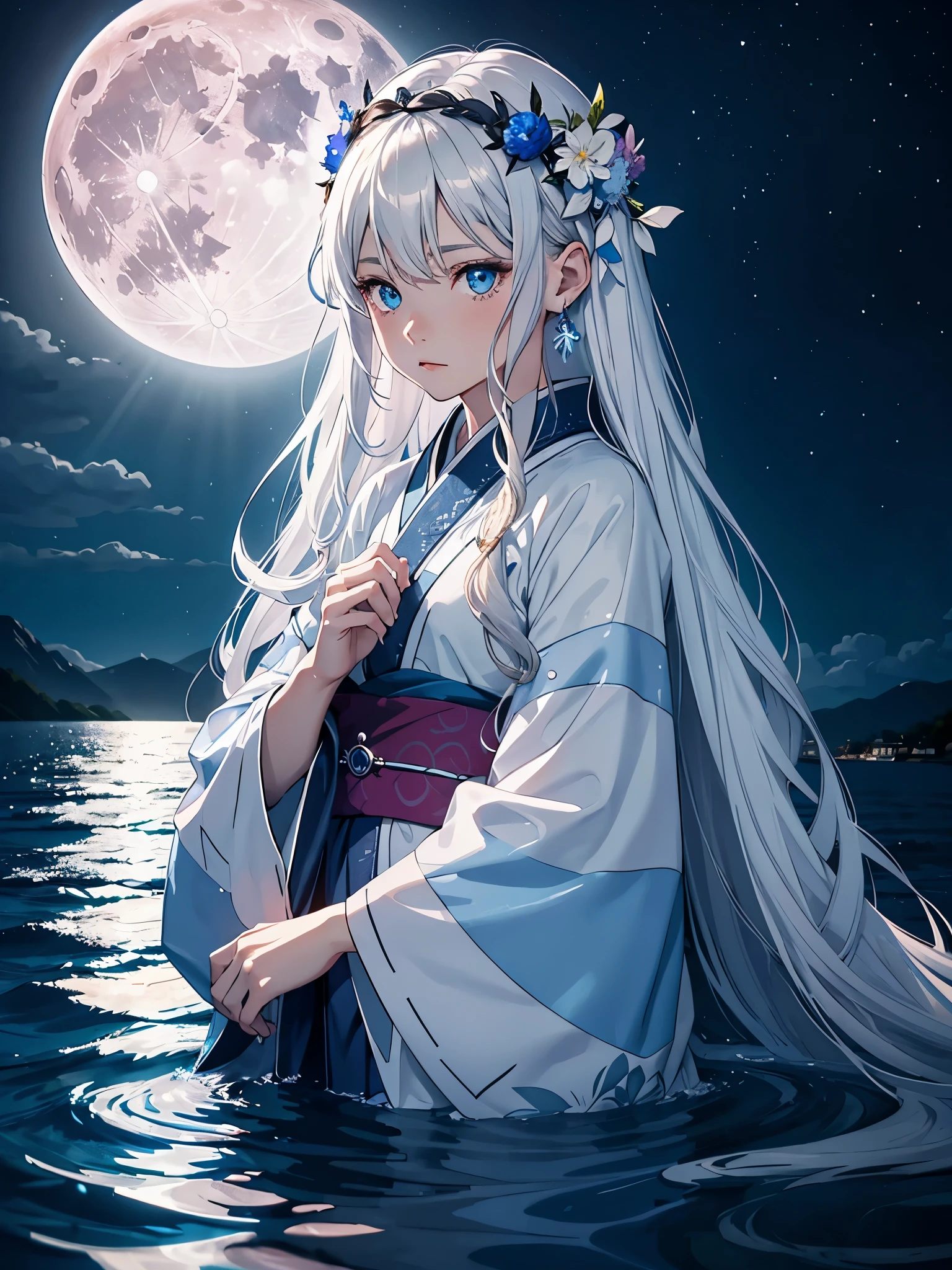 Geweih auf dem kopf. Kimono. Blue light. Göttlich. Mystisch. Long hair. long white hair. aquatic, boy, Goddess of the Moon, silver hair accessories, White hair, White dress, cape, at night, saturated colors, light eyes, bright, light blue light, blue eyes, Jewelry silver, bluish light, Full moon in the background, aquatic in der Luft rosa kerzen