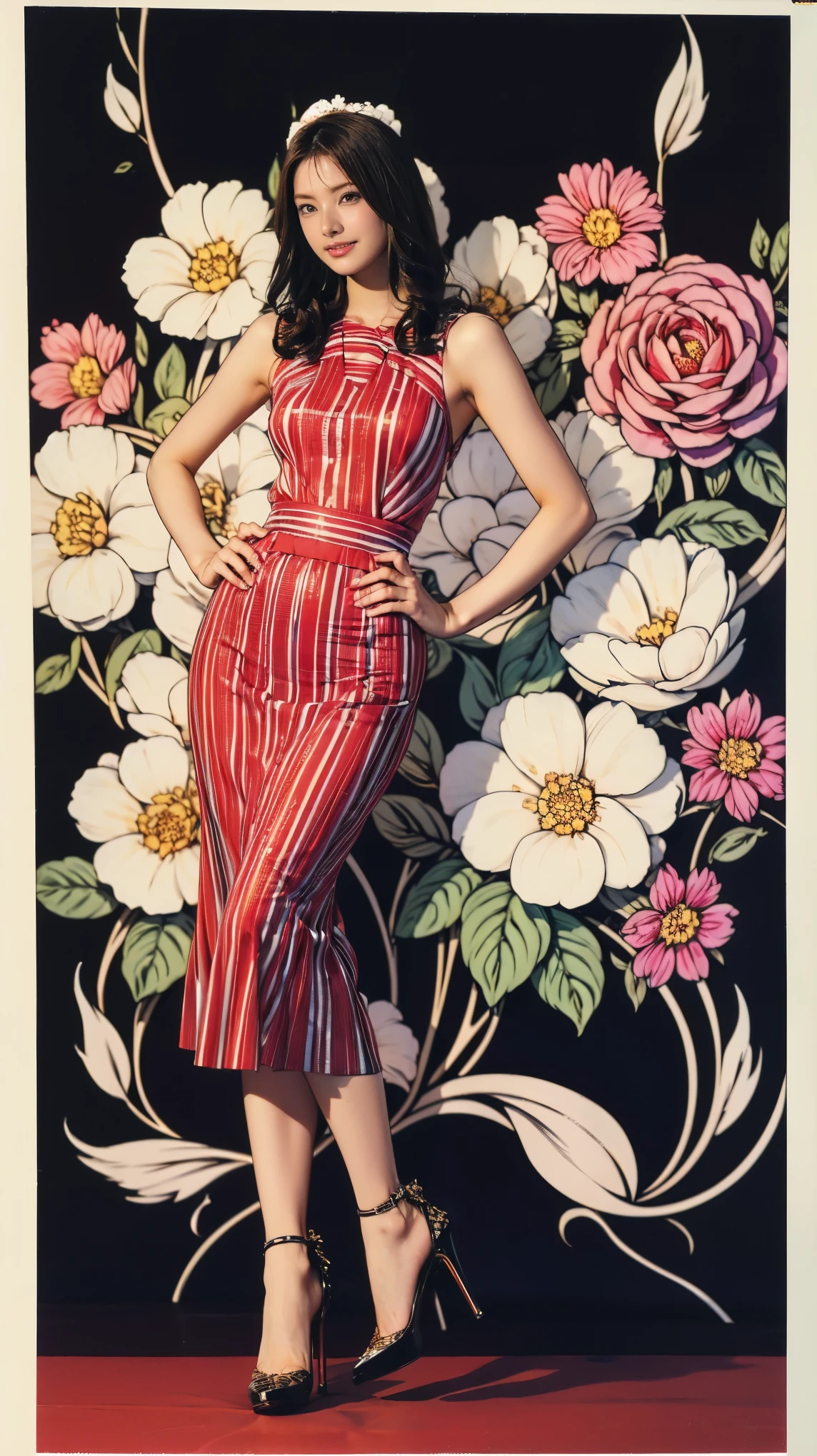 ((masterpiece)),(((Highest quality))),Thin thighs,Long legs,whole body:1.5,(One Girl:1.3),(Black high heels:1.3),(Wearing a floral striped mid-long flared skirt dress:1.2),Curly blonde hair:1.2、Model pose standing with legs apart:1.5,Bright expression:1.5