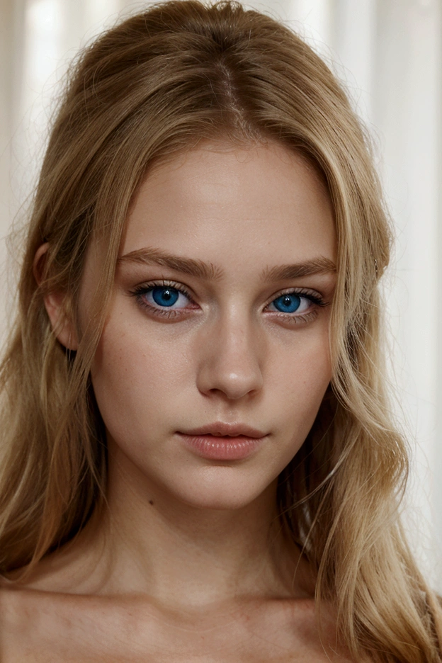 French woman, young, blond hair, blue eyes, Realistic.