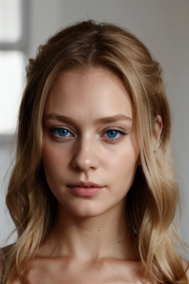 French woman, young, blond hair, blue eyes, Realistic.