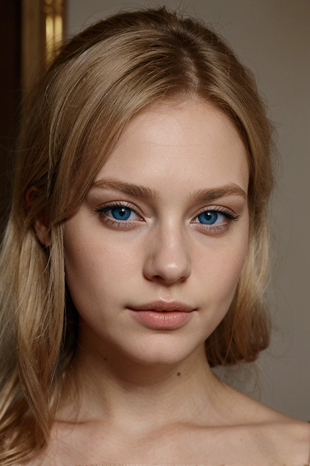Une jolie fille blonde au visage rond et les yeux bleus