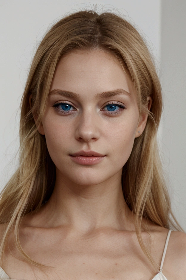 French woman, young, blond hair, blue eyes, Realistic.