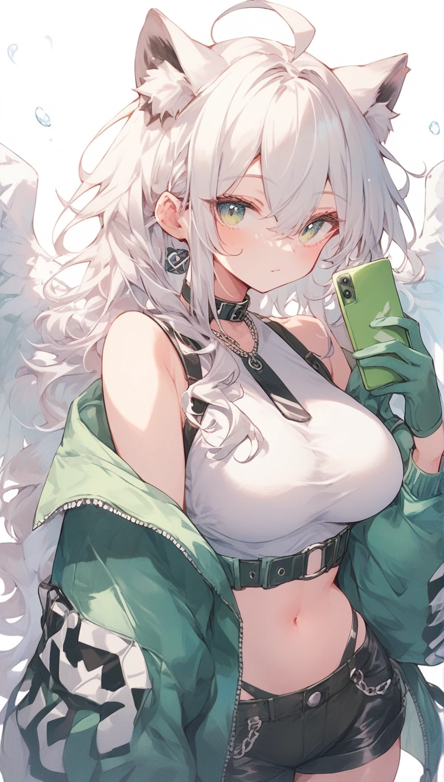 score_9,score_8,score_7,score_8_up,score_7_up、a cartoon style female character holding a phone with an iphone attached, 1girl, solo, animal ears, green eyes, navel, long hair, white hair, breasts, gloves, green gloves, ahoge, looking at viewer, bare shoulders, animal ear fluff, jacket, white background, skindentation, off shoulder, shorts, black shorts, medium breasts, hand up, green jacket