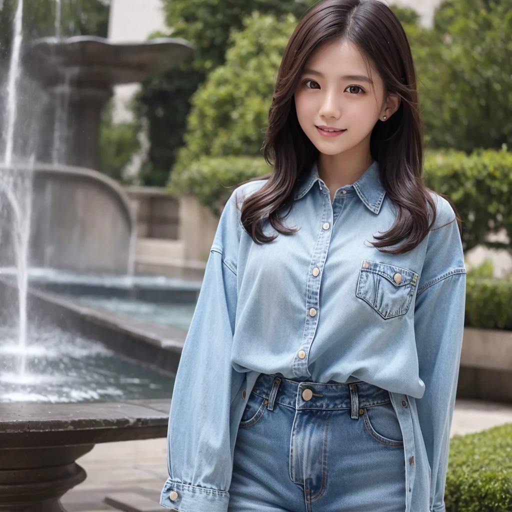 HD detailed, Super detailed, Realistic,Hyperrealism,Best image quality、Highest quality、masterpiece、Ultra-high resolution、8K、immature、Like the picture:1.5、Professional Lighting、Park fountain、Young Japanese Woman,Small face、Stylish、、Slender、、A kind smile、Wear a button-up long-sleeve denim shirt and jeans、Soaked clothes、Damp clothes、View from the side