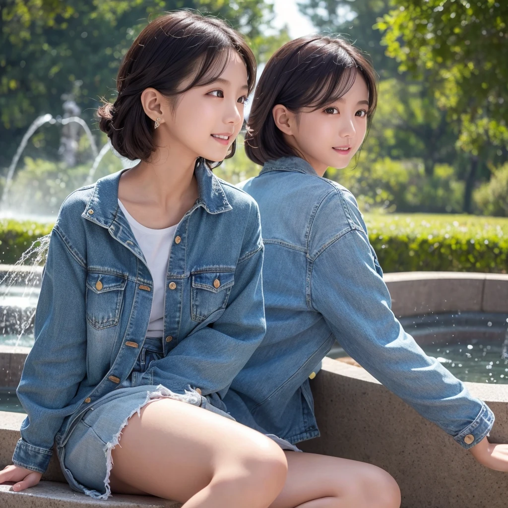 HD detailed, Super detailed, Realistic,Hyperrealism,Best image quality、Highest quality、masterpiece、Ultra-high resolution、8K、immature、Like the picture:1.5、Professional Lighting、Park fountain、Young Japanese Woman,Small face、Stylish、、Slender、、A kind smile、Wear a button-up long-sleeve denim shirt and jeans、Soaked clothes、Damp clothes、View from the side