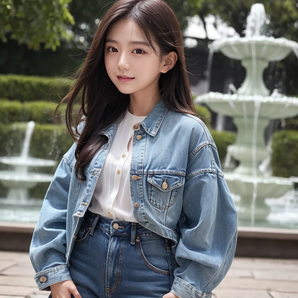 HD detailed, Super detailed, Realistic,Hyperrealism,Best image quality、Highest quality、masterpiece、Ultra-high resolution、8K、immature、Like the picture:1.5、Professional Lighting、Park fountain、Young Japanese Woman,Small face、Stylish、、Slender、、A kind smile、Wear a button-up long-sleeve denim shirt and jeans、Soaked clothes、Damp clothes、View from the side
