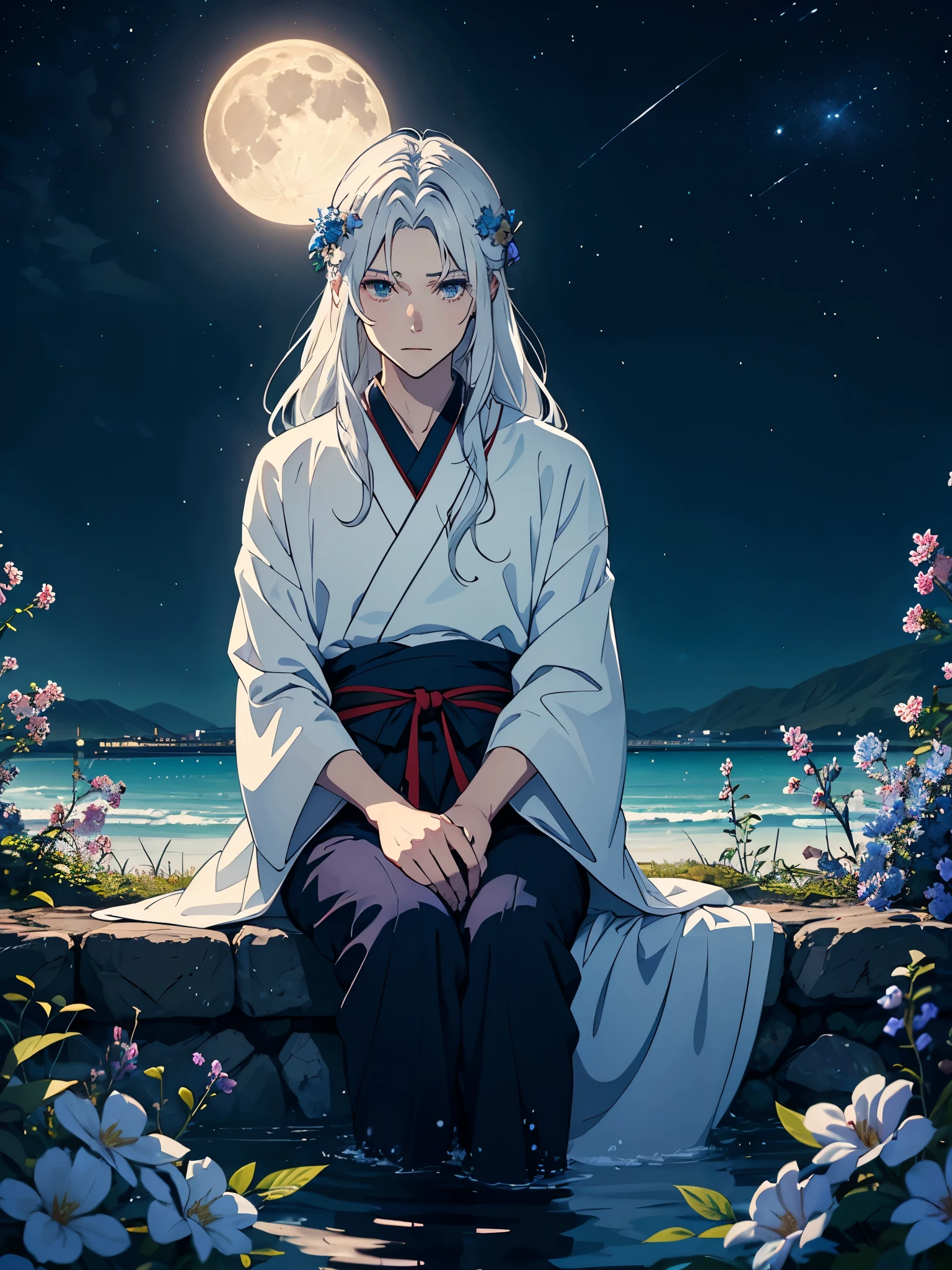 Geweih auf dem Kopf. Kimono. Big Wolf. day lights. More anime. light blue light. Bright bright light. magical. Moon. Sitting on a big white wolf. Lightening flowers. More anime. male. Blue flowers. Long hair. long white hair. aquatic, boy, God of the Moon, silver hair accessories, White hair. 