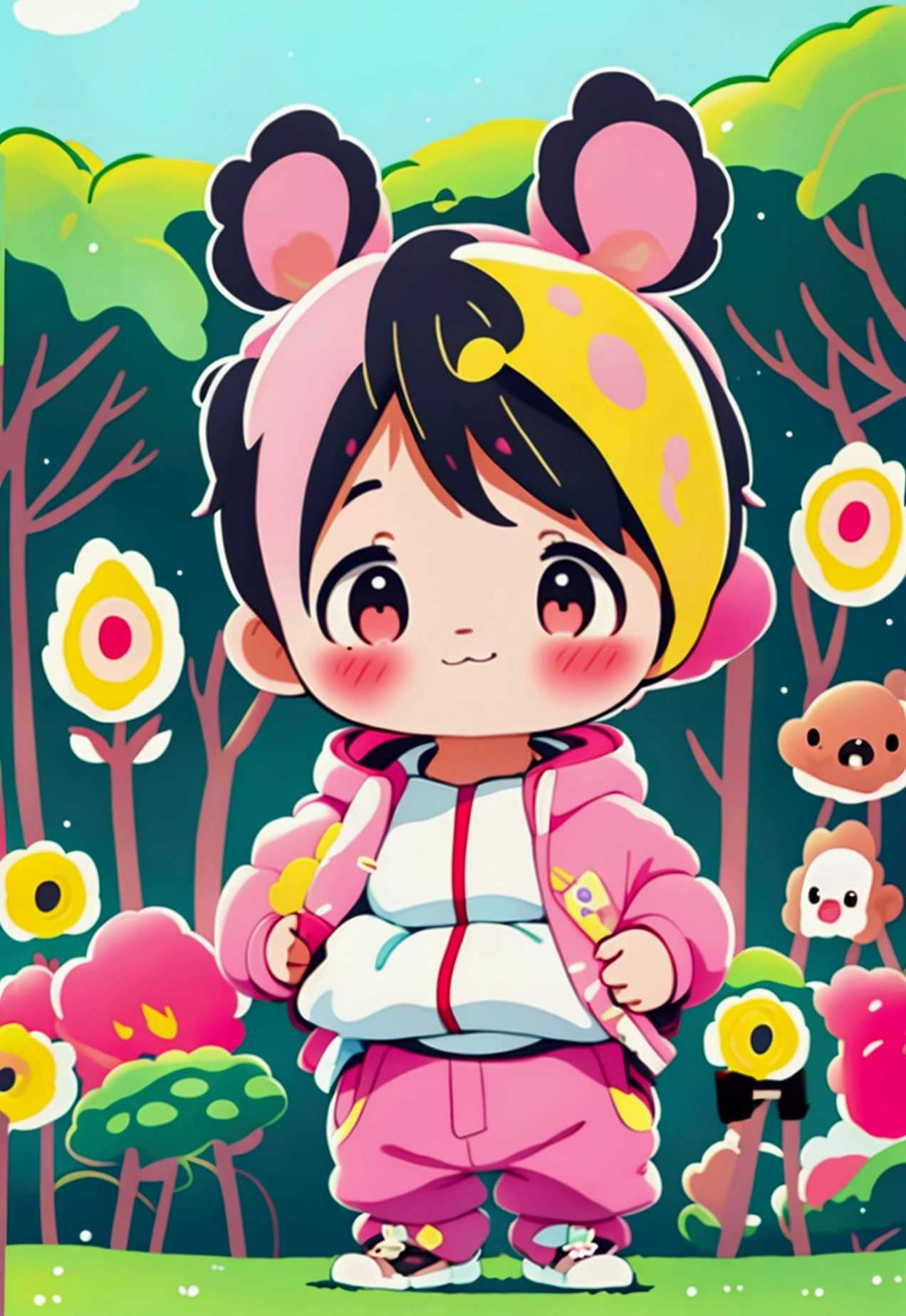 Full body shot 8K image, Little toddler in turquoise yellow pink tracksuit with big oversized cute big head pastel pink cartoon bear cub mask masquerade,Big Belly, Fat, In the post-apocalyptic countryside of Japan, At a closed gas station, Foggy, smog, evening, toyのトラクター, toy, Agricultural,,
