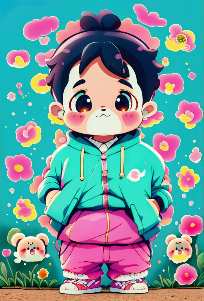 Full body shot 8K image, Little toddler in turquoise yellow pink tracksuit with big oversized cute big head pastel pink cartoon bear cub mask masquerade,Big Belly, Fat, In the post-apocalyptic countryside of Japan, At a closed gas station, Foggy, smog, evening, toyのトラクター, toy, Agricultural,,