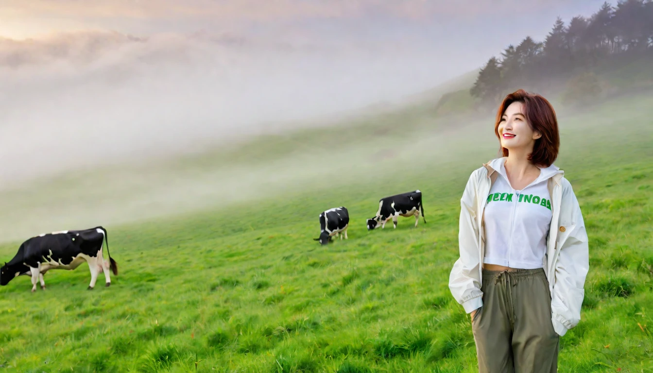 beautiful scenery, 8K Top Quality, Vivid picture quality, 1 woman, Beautiful 36-year-old Korean woman, Chest size 34 inches, Model-level beautiful woman, Smile. Napa Valley, California, USA, dawn, green meadow in the fog far away, Cows graze on a pasture in thick fog. The background is realistic and vivid quality.., short medium bob hair, White t-shirt that goes up to the neck , High-end luxury brand windbreaker jacket, casual pants, Perfect and realistic photos, The background is realistic.. Full body shot with Canon camera 16-35 wide angle lens