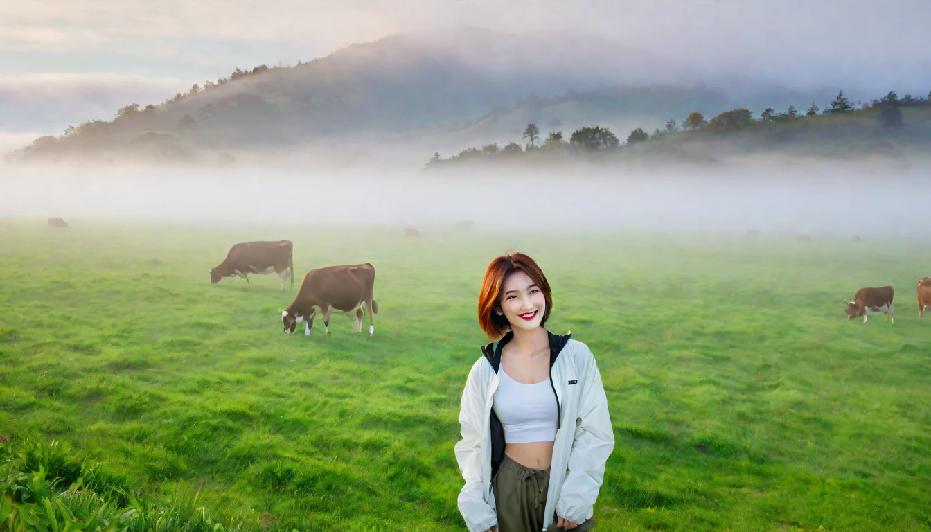 beautiful scenery, 8K Top Quality, Vivid picture quality, 1 woman, Beautiful 36-year-old Korean woman, Chest size 34 inches, Model-level beautiful woman, Smile. Napa Valley, California, USA, dawn, green meadow in the fog far away, Cows graze on a pasture in thick fog. The background is realistic and vivid quality.., short medium bob hair, White t-shirt that goes up to the neck , High-end luxury brand windbreaker jacket, casual pants, Perfect and realistic photos, The background is realistic.. Full body shot with Canon camera 16-35 wide angle lens