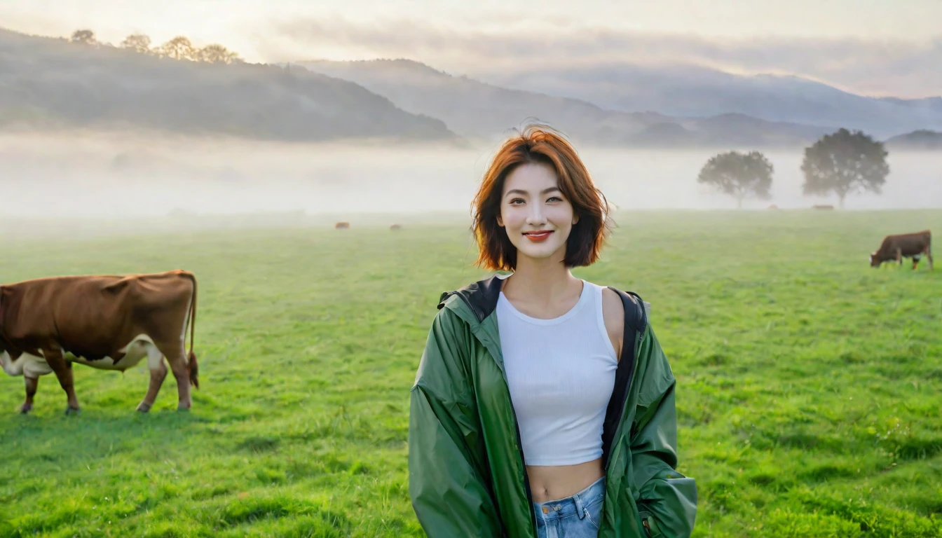 beautiful scenery, 8K Top Quality, Vivid picture quality, 1 woman, Beautiful 36-year-old Korean woman, Chest size 34 inches, Model-level beautiful woman, Smile. Napa Valley, California, USA, dawn, green meadow in the fog far away, Cows graze on a pasture in thick fog. The background is realistic and vivid quality.., short medium bob hair, White t-shirt that goes up to the neck , High-end luxury brand windbreaker jacket, casual pants, Perfect and realistic photos, The background is realistic.. Full body shot with Canon camera 16-35 wide angle lens