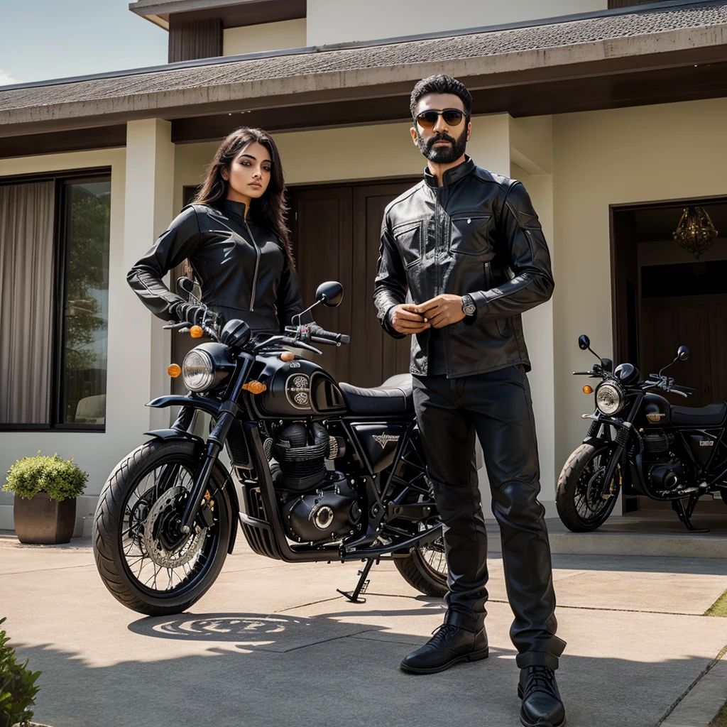 MT 15 black colour and royal Enfield black colour and full model fired Mustang GT in front of luxurious home