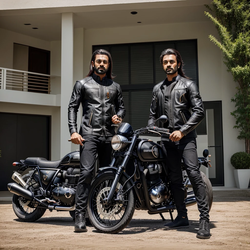 MT 15 black colour and royal Enfield black colour and full model fired Mustang GT in front of luxurious home
