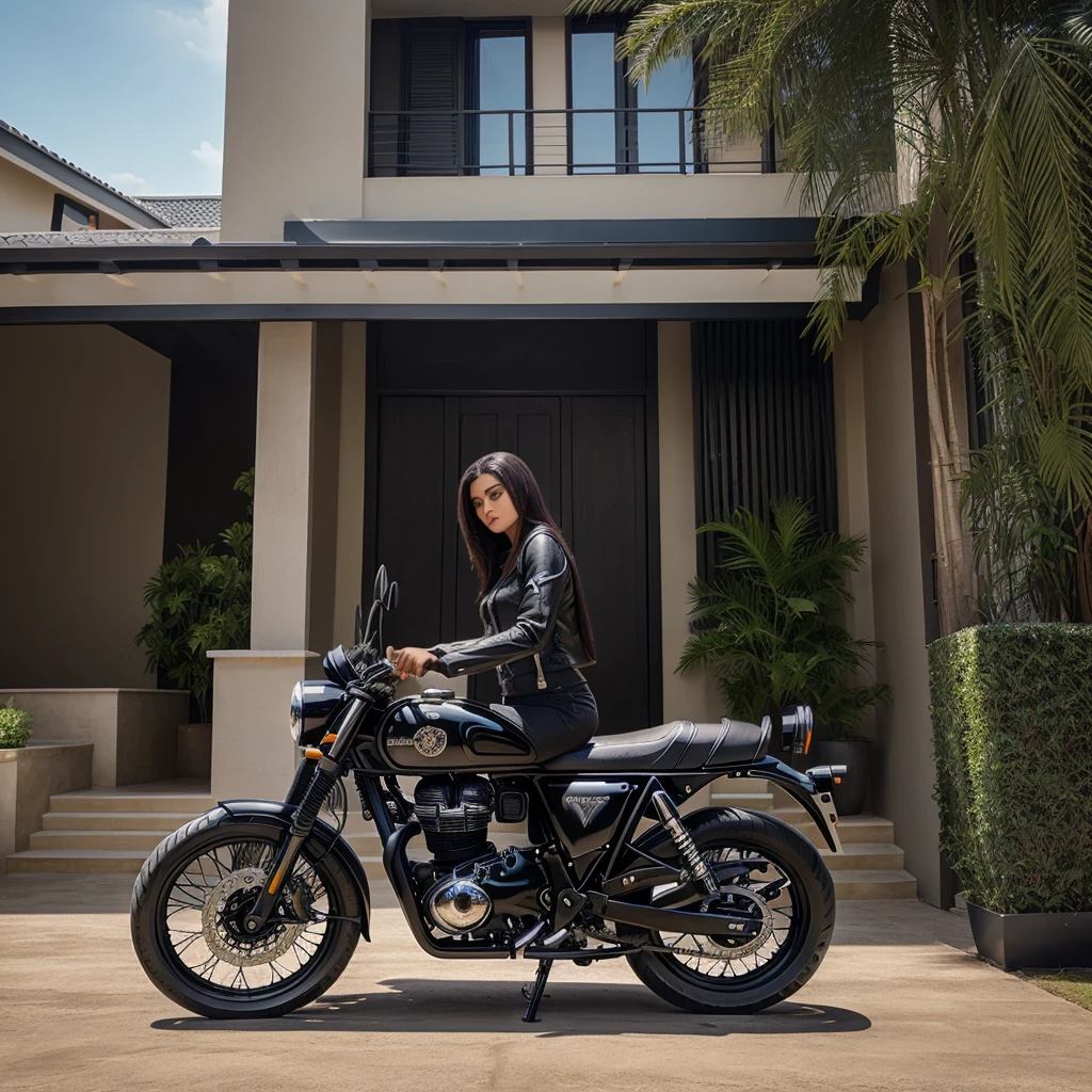 MT 15 black colour and royal Enfield black colour and full model fired Mustang GT in front of luxurious home