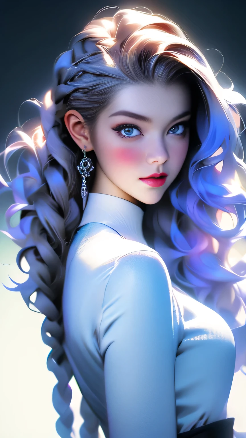 (Surreal), (picture), (High resolution), (In 8K), (Very detailed), (Best Illustration Photos), (Beautiful and fine details), (Highest quality), (Ultra-detailed), (masterpiece), (wallpaper), (Detailed face), solo, One Girl, White Wavy Hair, Korean Beauty, iridescent heterochromatic eyes, Loose light white shirt, White maid outfit, Long legs, Toned Abs, stockings、((Curly hair in braids、good1))、(Upper body portrait)