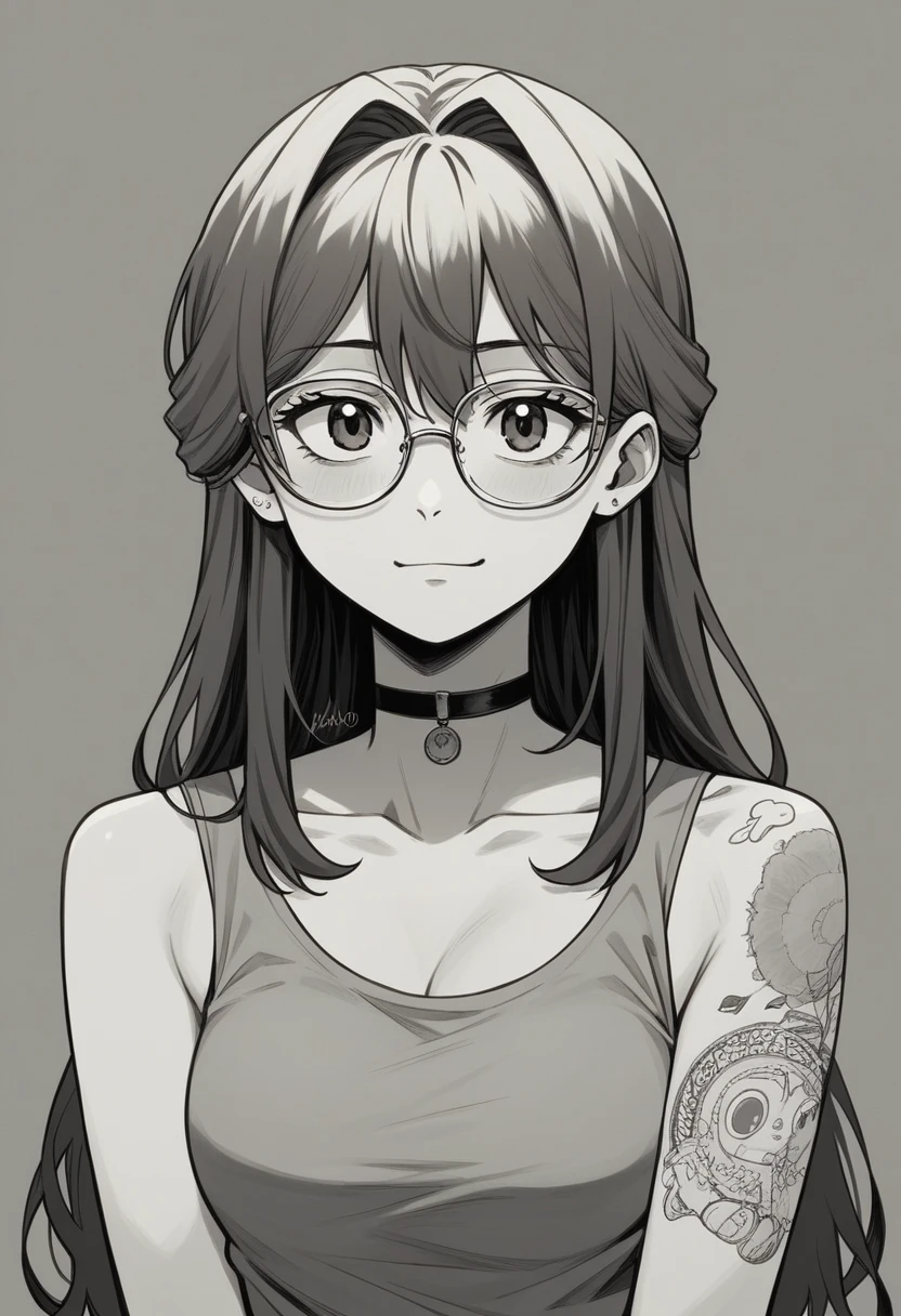 animado girl with glasses and long hair, a woman with tattoos on her body and a choker, render visual of a cute girl, animado style. 8k, pin on animado, animado vibes, animado style 4 k, animado moe artstyle, animado aesthetic, 