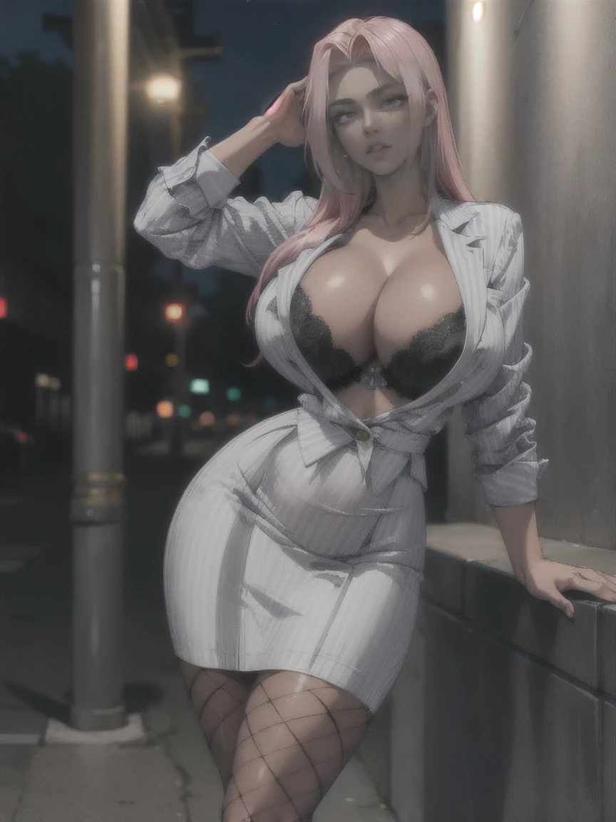 (masterpiece, realistic, best quality, perfect face, (beautiful and aesthetic:1.4), highest detailed face), ((Ingrid, 1girl, mature female, dark skinned female, pink hair, long hair, yellow eyes, (fake breasts), (narrow waist:1.2), wide waist, (tall waist:1.3)), perfect fit body, (cleavage:1.2), (((secretary:1.2), ed jacket, bra, black skirt suit, pencil skirt, miniskirt, high heels, (stripirt:1.1), fishnet pantyhose, high heels)), (sexy pose:, ((detail background), in dark )), detailed skin, skin pores, long detailed eyelashes, (night:1.3), curvy body type, looking at viewer, full shot, (solo:1.4), (elegant, intricate, digital photography, high quality, 4k, extremely detailed, sharp, CG, hyper realism, dramatic light, HDR),