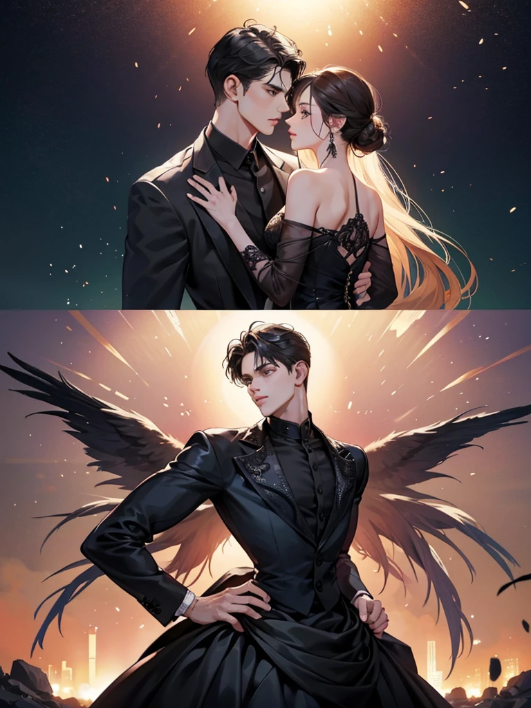 Couple, 1 girl, 1 boy, romantic, evening gown, black dress, handsome face, romantic, extreme details, digital art, 8K, Ultra HD,