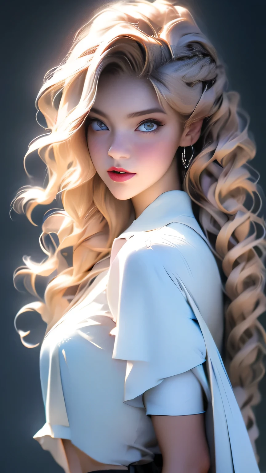 (Surreal), (picture), (High resolution), (In 8K), (Very detailed), (Best Illustration Photos), (Beautiful and fine details), (Highest quality), (Ultra-detailed), (masterpiece), (wallpaper), (Detailed face), solo, One Girl, White Wavy Hair, Korean Beauty, iridescent heterochromatic eyes, Loose light white shirt, White maid outfit, Long legs, Toned Abs, stockings、((Curly hair in braids、good１))、(Upper body portrait)