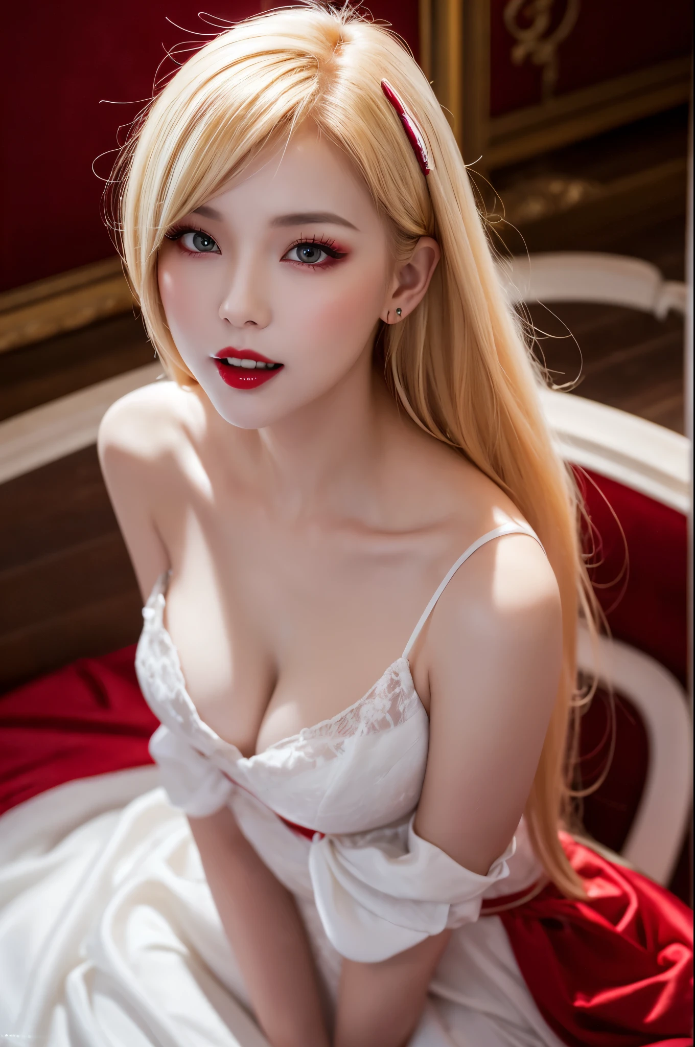 8K、Photorealistic RAW photos of the highest quality。so beautiful(A vivid face) Bright colors、Image of a perfect adult woman、Laughter、Art Station Trends、masterpiece、8K resolution、Fantasy art、Ultra-high resolution,,Mr..々Pause,charm,sexy,Rich colors, Backlight, Cinema Lighting, Film Grain, to be born, 50mm lens, Nikon D850,Vampire Queen,Glowing red eyes,White skin,Ultra-Realistic Skin,Luxurious red dress,Red lipstick,Red nails,Inside the Labyrinth,Vampire Fangs,sexyな外装,blonde,Adult women,