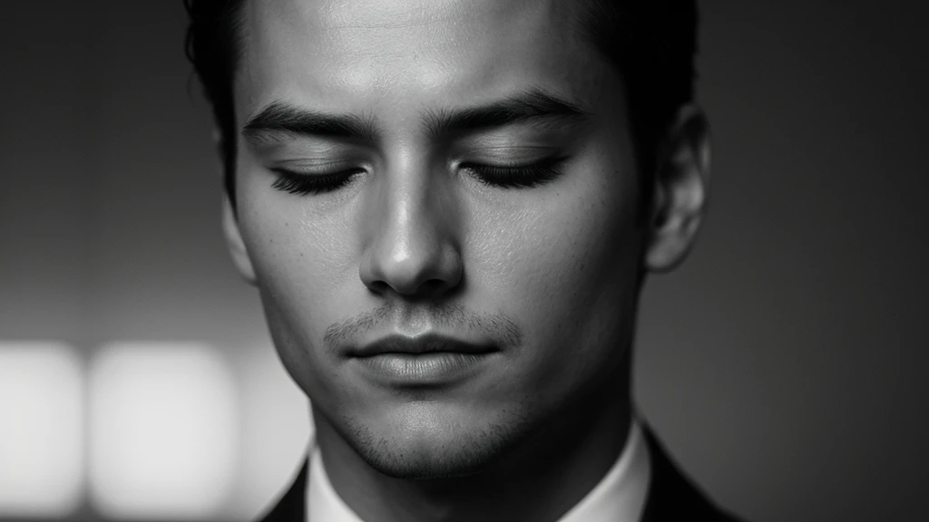 face closeup,closed eyes,elegant men,dark theme, detailed skin, empty background